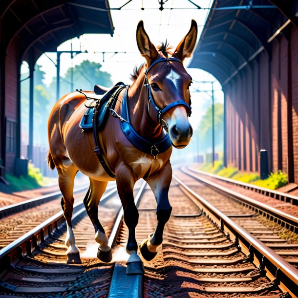 Foto de una mula en guantes en las vías del tren