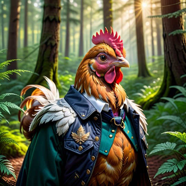 Picture of a hen in a jacket in the forest