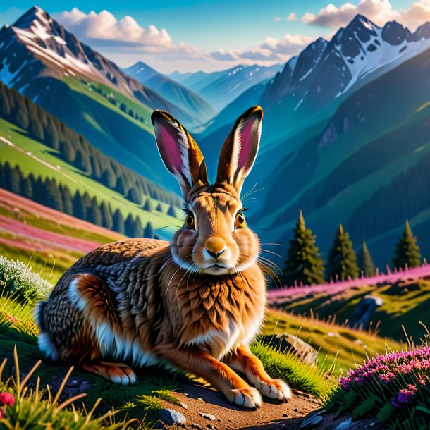 Photo of a resting of a hare in the mountains