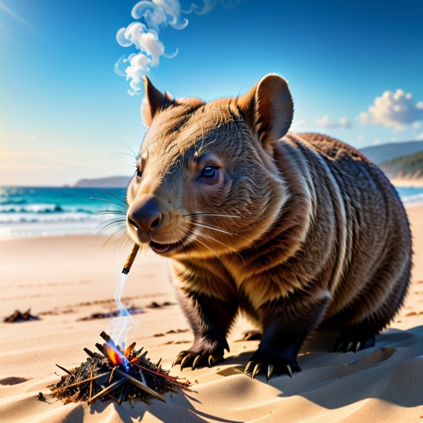 Image of a smoking of a wombat on the beach