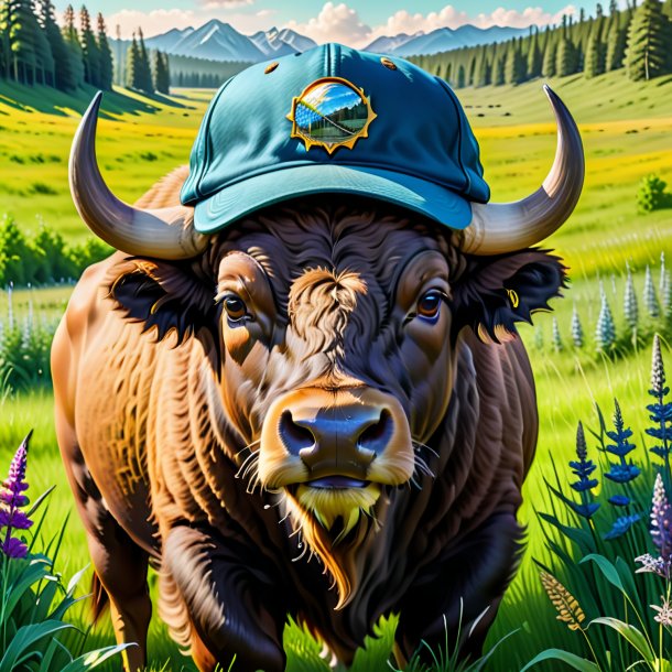 Dessin d'un bison dans une casquette dans la prairie