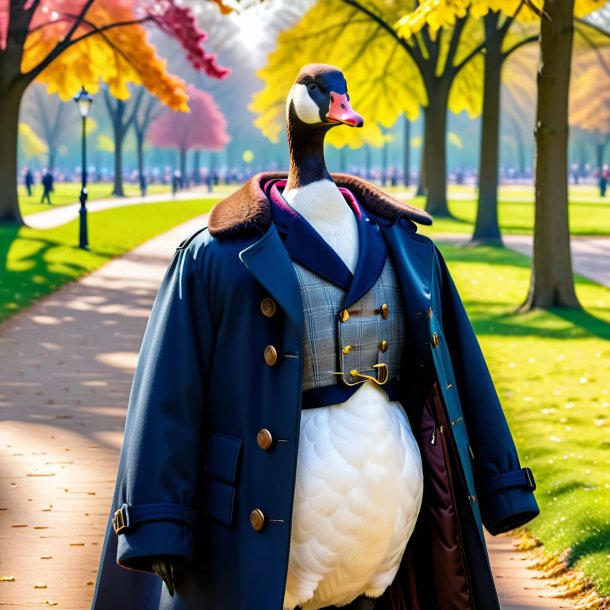 Image of a goose in a coat in the park