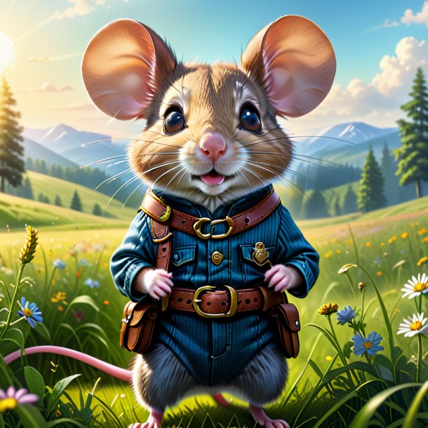 Drawing of a mouse in a belt in the meadow