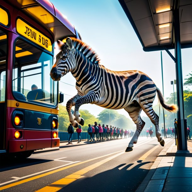 Image of a jumping of a zebra on the bus stop