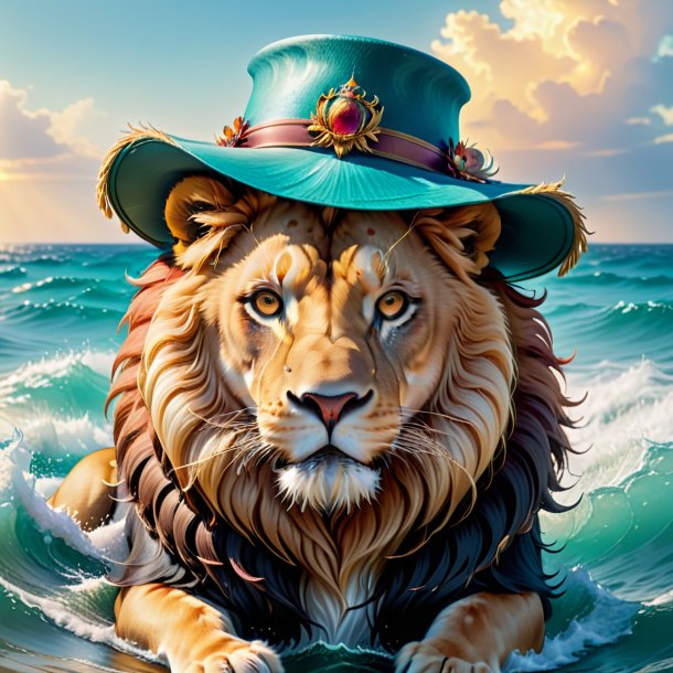 Pic of a lion in a hat in the sea