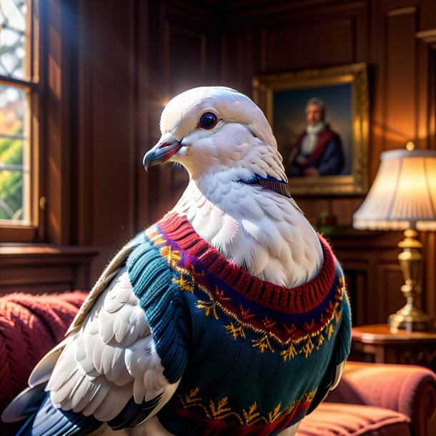 Pic of a dove in a sweater in the house