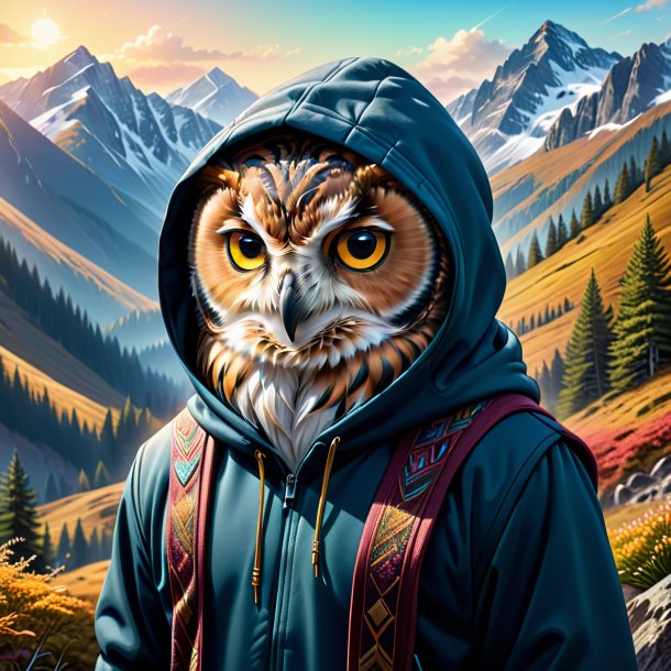 Drawing of a owl in a hoodie in the mountains