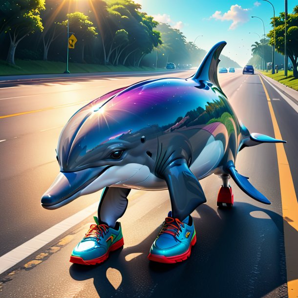 Drawing of a dolphin in a shoes on the road