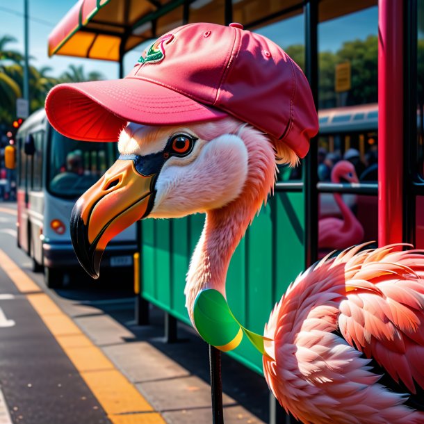 Foto de um flamingo em um boné no ponto de ônibus