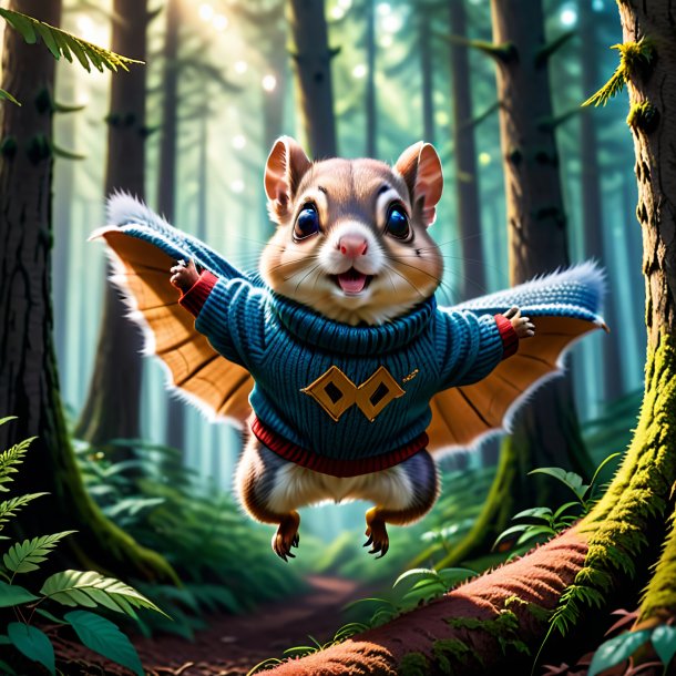 Photo of a flying squirrel in a sweater in the forest