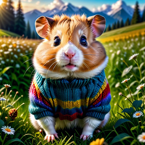 Photo of a hamster in a sweater in the meadow