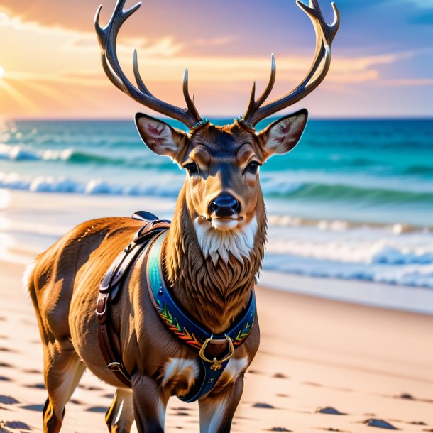 Image of a deer in a belt on the beach