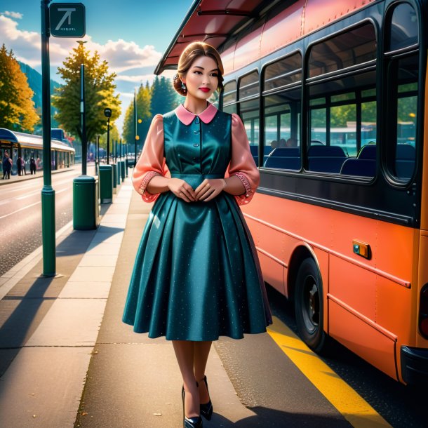 Imagem de um salmão em um vestido no ponto de ônibus