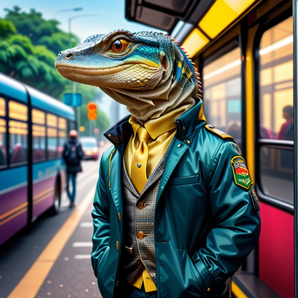 Pic of a monitor lizard in a jacket on the bus stop