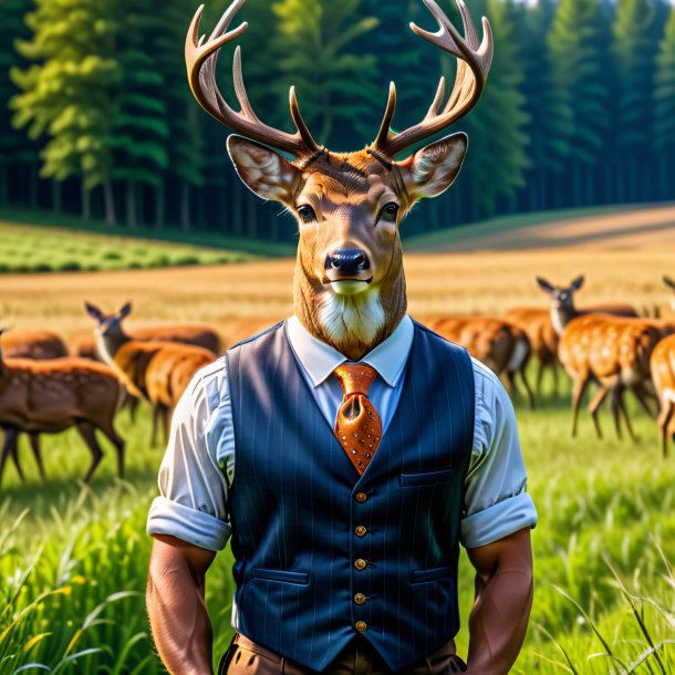 Photo of a deer in a vest on the field