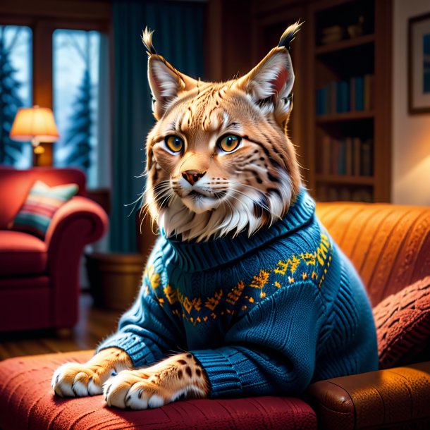 Photo of a lynx in a sweater in the house