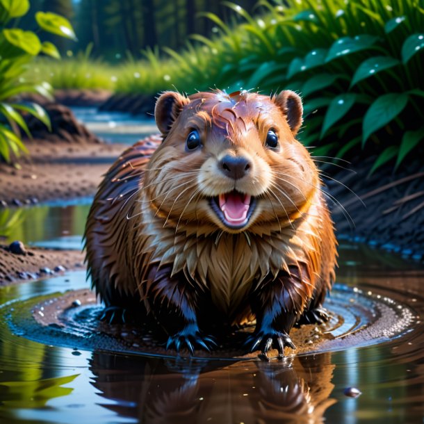 Foto de una sonrisa de un castor en el charco