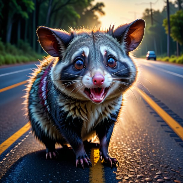 Image of a crying of a possum on the road