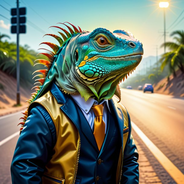 Picture of a iguana in a jacket on the road