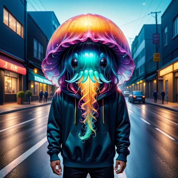 Illustration of a jellyfish in a hoodie on the road