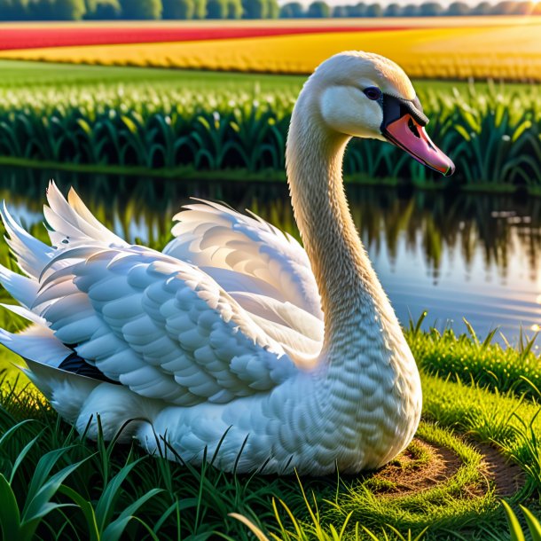 Pic of a swan in a belt on the field