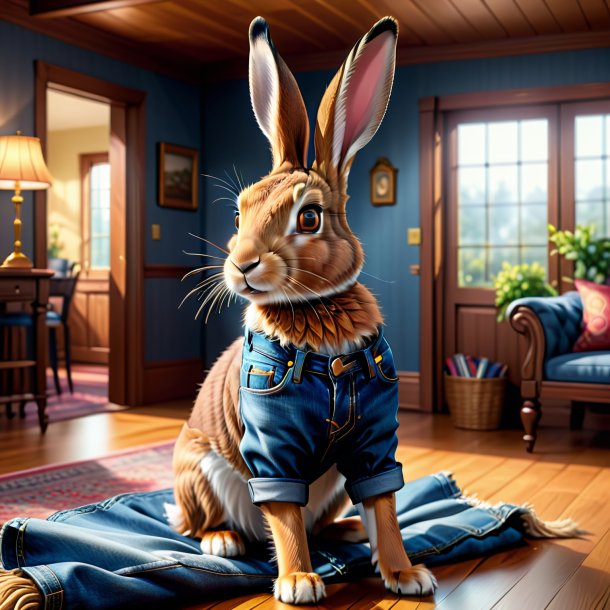 Illustration of a hare in a jeans in the house