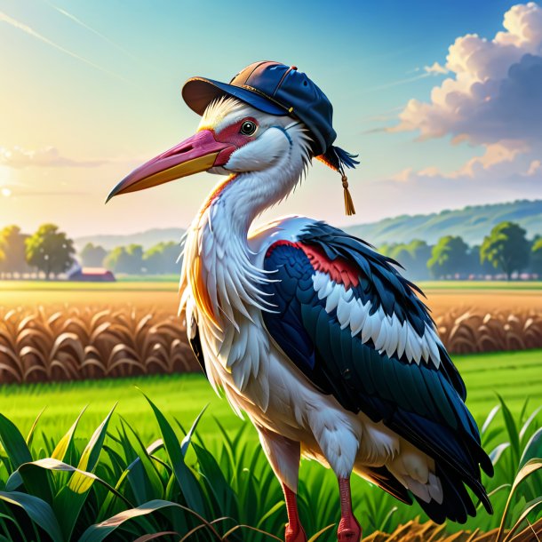 Drawing of a stork in a cap on the field