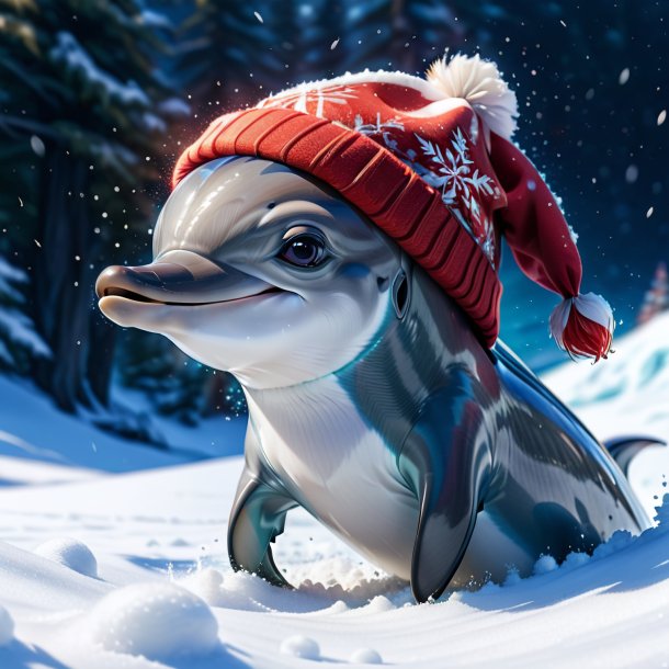 Drawing of a dolphin in a cap in the snow