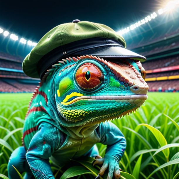 Image of a chameleon in a cap on the field