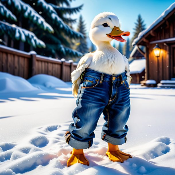 Image of a duck in a jeans in the snow