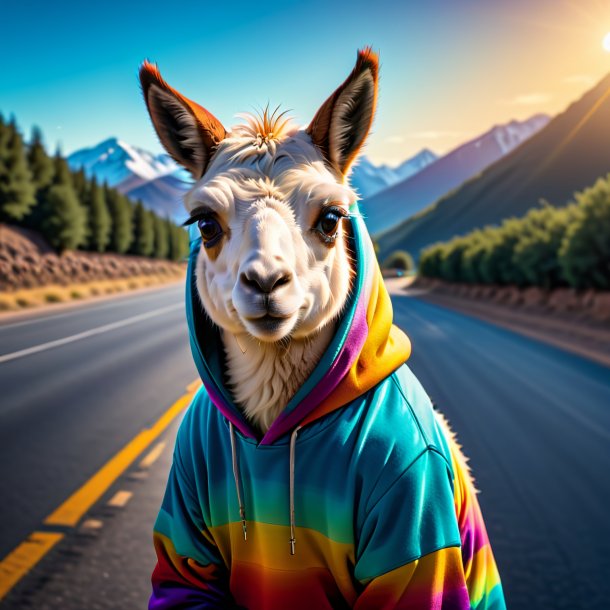 Image d'un lama dans un sweat à capuche sur la route