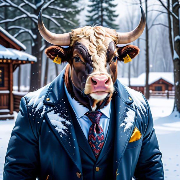 Image of a bull in a jacket in the snow