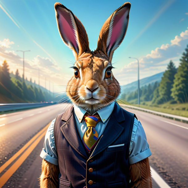 Illustration of a hare in a vest on the highway