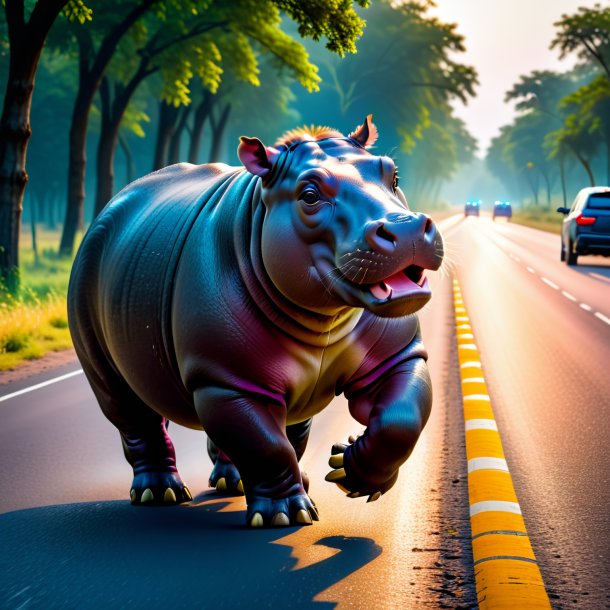 Picture of a playing of a hippopotamus on the road