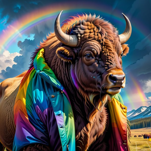 Drawing of a bison in a coat on the rainbow