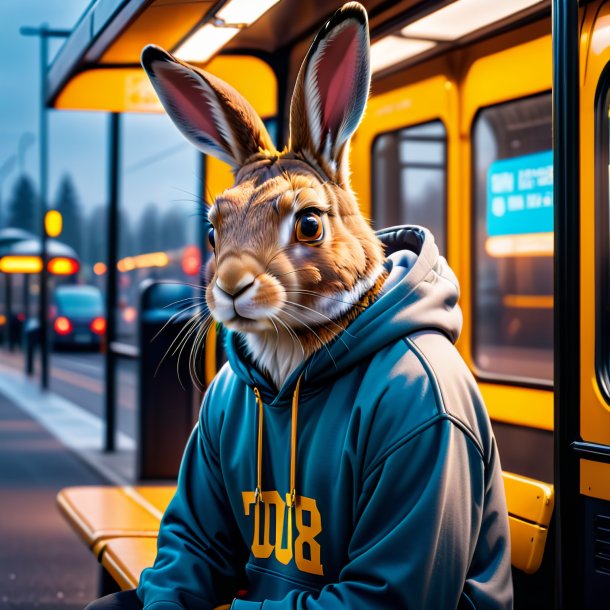 Foto de uma lebre em um hoodie no ponto de ônibus