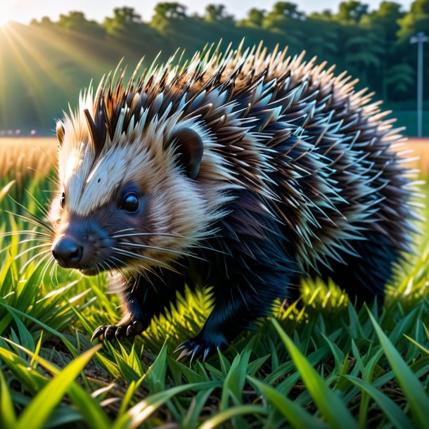 Uma foto de uma natação de um porco-espinho no campo