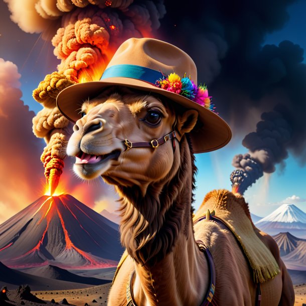 Picture of a camel in a hat in the volcano