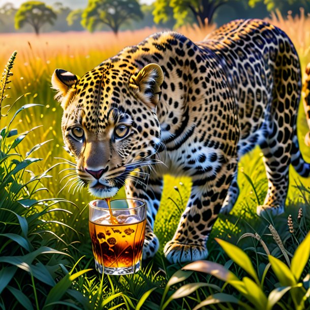 Pic d'une boisson de léopard dans la prairie