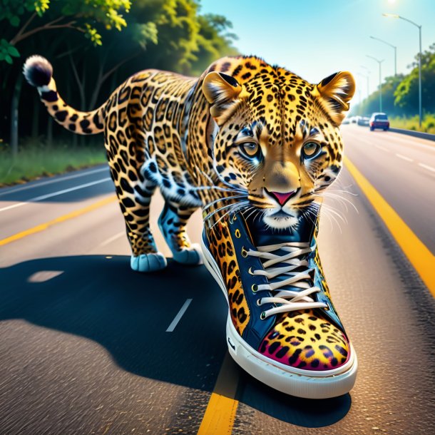 Dibujo de un leopardo en zapatos en la carretera