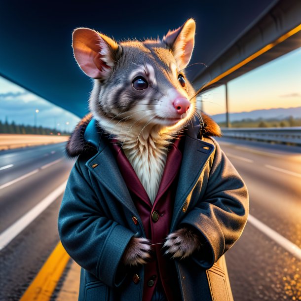 Pic d'un opossum dans un manteau sur l'autoroute