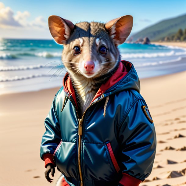 Foto de una zarigüeya en una chaqueta en la playa