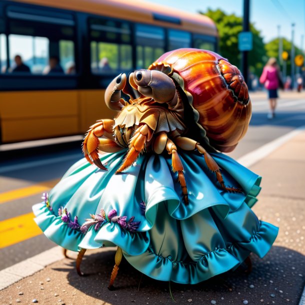 Foto de un cangrejo ermitaño en un vestido en la parada de autobús