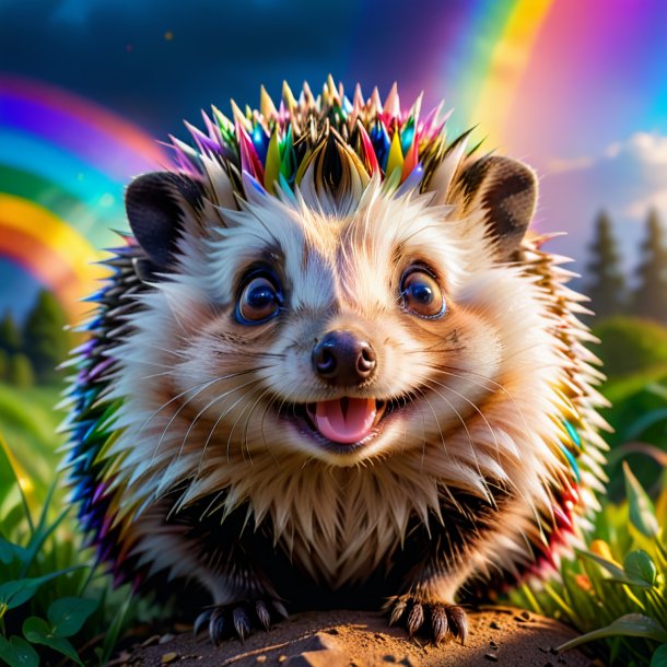 Pic of a smiling of a hedgehog on the rainbow