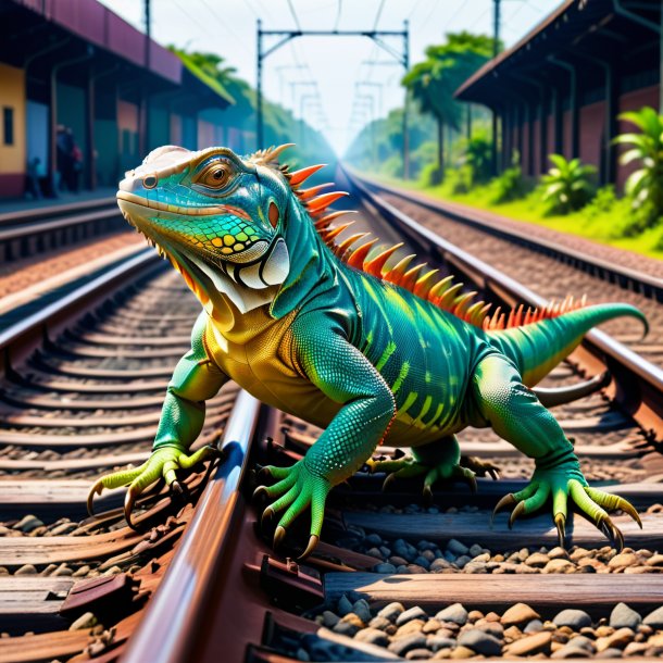 Picture of a dancing of a iguana on the railway tracks