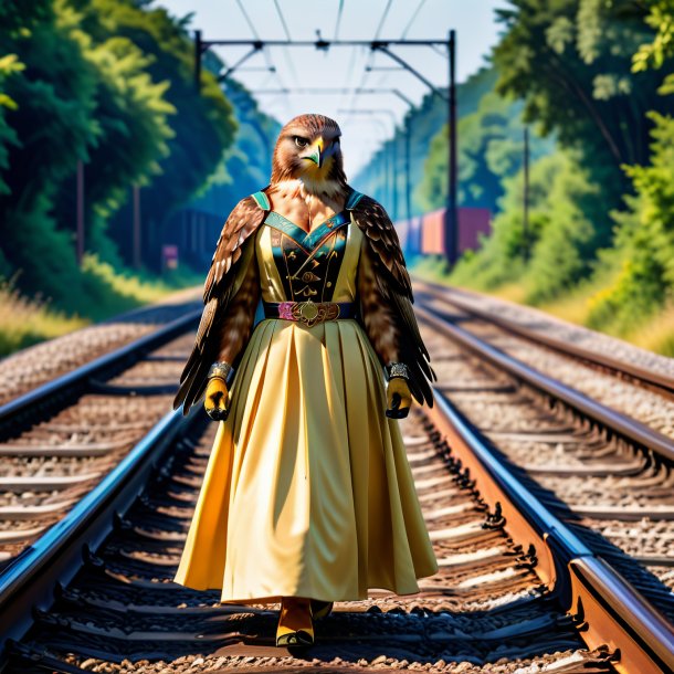 Foto de um falcão em um vestido nos trilhos ferroviários