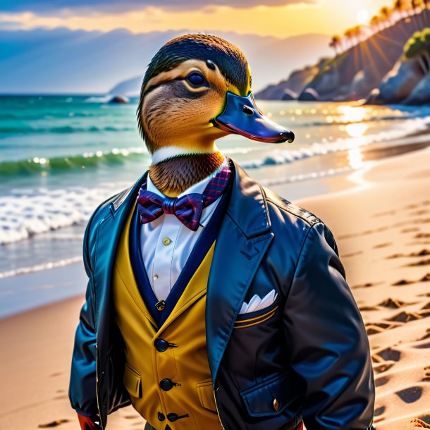 Image of a duck in a jacket on the beach