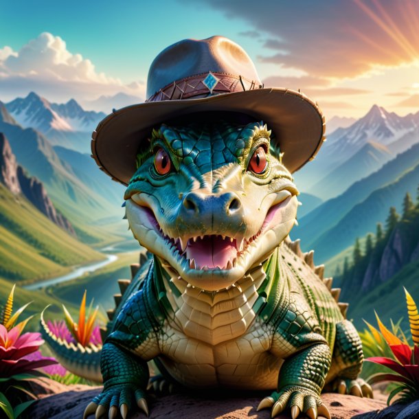 Photo of a crocodile in a hat in the mountains