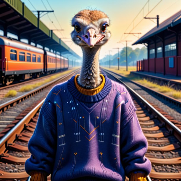 Drawing of a ostrich in a sweater on the railway tracks