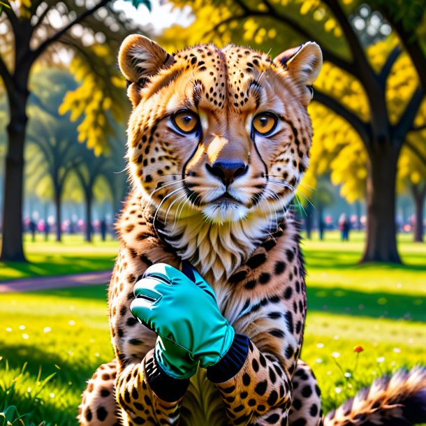 Image of a cheetah in a gloves in the park